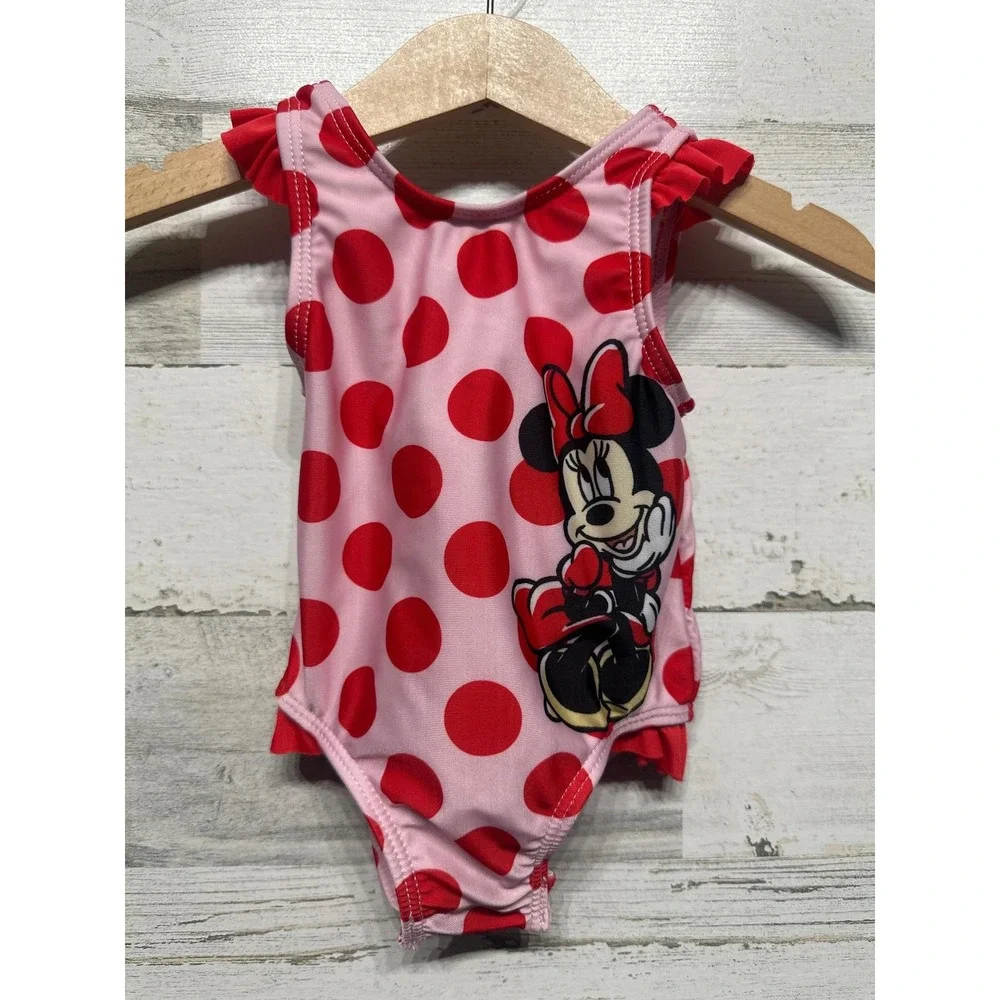 Disney Swimsuit Girls 3M Pink Red Polka Dot Minnie Mouse Ruffle EUC